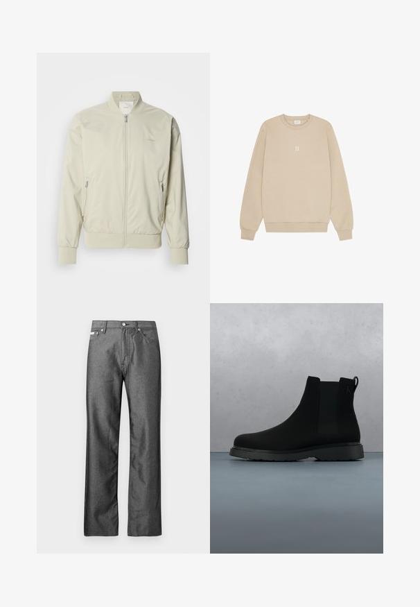 Hellbeige Bomberjacke aus glattem, leichtem Material. Mit Reißverschluss vorne, gerippten Bündchen und seitlichen Taschen. Subtile Logodetails.; Beige Sweatshirt aus weichem Material mit rundem Halsausschnitt, langen Ärmeln und einem kleinen weißen "II"-Grafik, die zentral auf der Brust platziert ist.; Graue Jeans aus Denim mit geradem Bein, fünf Taschen und Metallknöpfen sowie Nieten. Verfügt über eine dezente Textur.; Schwarze Knöchelstiefel aus glattem Material mit subtilen Nähten, einer Gummisohle und einem eleganten Design, platziert auf einer Oberfläche mit Holzstruktur.