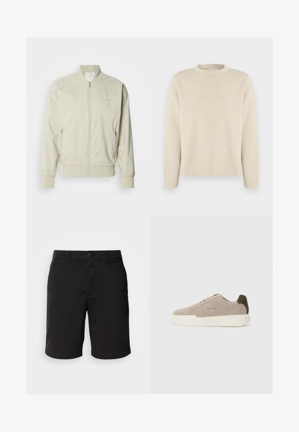 Lys beige bomberjakke lavet af glat, letvægtsmateriale. Har lynlås fortil, ribbede manchetter og sidelommer. Diskret logo-detalje.; Beige langærmet rundhalset sweater med subtilt lille logo på venstre bryst, vist på ensfarvet hvid baggrund.; Sorte shorts lavet af letvægtsstof, med knaplukning, standard talje og lige snit. Ingen mønstre eller synlige detaljer.; Beige ruskinds sneakers med en hvid gummisål, der har en mørkegrøn hælaccent og subtil branding på siden.