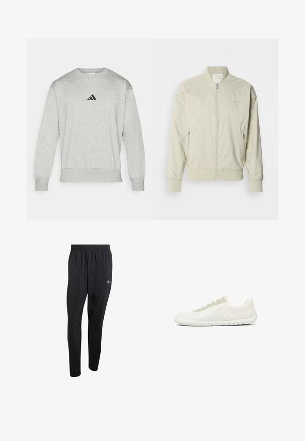 Lys beige bomberjakke lavet af glat, letvægtsmateriale. Har lynlås fortil, ribbede manchetter og sidelommer. Diskret logo-detalje.; Grå sweatshirt lavet af bomuldsblandingsstof, med ribbede manchetter og kant, samt et lille sort Adidas-logo på brystet. Klassisk rundhalset design.; Sorte atletikbukser lavet af letvægtsmateriale med elastisk taljebånd og et lille præget logo på det øverste venstre benområde.; Minimalistisk hvid lavtop-sneaker med tekstureret mesh-stof, hvid sål og lysebeige snørehuller.