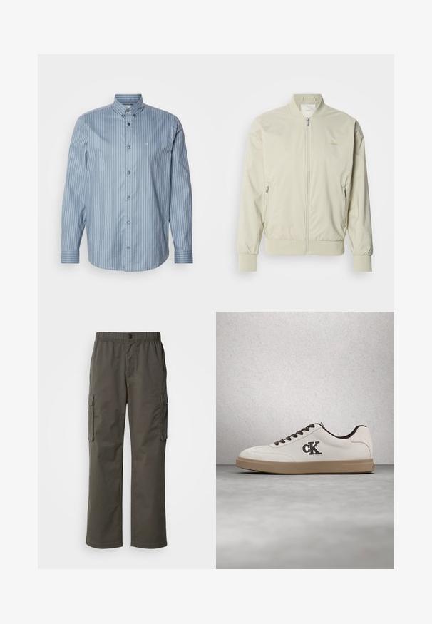 Heled beige bomber-jakk, mis on valmistatud siledast ja kergest materjalist. Omab lukk eest, soonikvarrukaid ja küljetaskuid. Diskreetne logo detail.; Heled taevasinine särk, millel on vertikaalsed valged triibud. Omab kraed, pikki varrukaid ja rinna peatükil väikest logo. Sile kangas.; Tumed hallid cargo püksid elastse vöökoha, kahe küljetasku ja vaba lõikega. Valmistatud vastupidavast kangast, mille pind on sile.; Valge toss pruuni detailidega, seemisnahast materjalist, lamedate paelte ja kummist tallaga. Küljel on logo ja siledapind.
