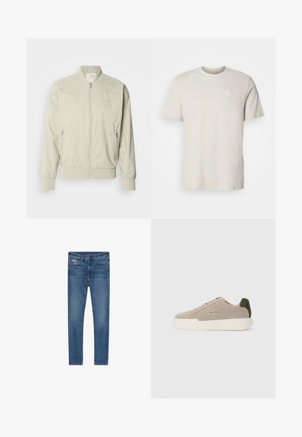 Heled beige bomber-jakk, mis on valmistatud siledast ja kergest materjalist. Omab lukk eest, soonikvarrukaid ja küljetaskuid. Diskreetne logo detail.; Beež lühikeste varrukatega puuvillane T-särk ümmarguse kraega, vasakul rinnal väike valge "cK" logo.; Sinised kitsad teksapüksid, viie taskuga, nööpide sulgemisega ja õrnalt pleekinud reitel ning põlvedel.; Beez suède tossudega valge kummist tallaga, tumeroheline kanna aktsent ja peened brändingud küljel.