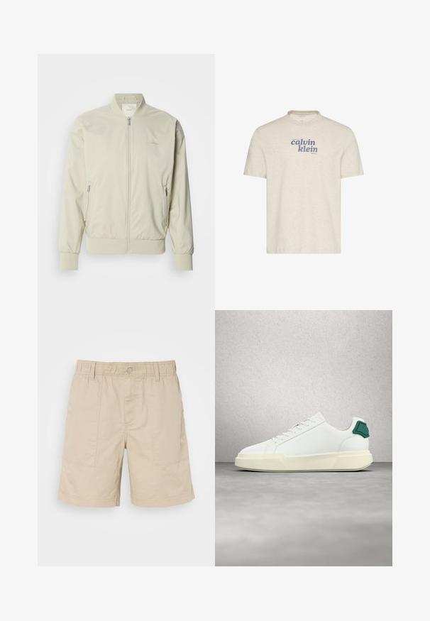 Heled beige bomber-jakk, mis on valmistatud siledast ja kergest materjalist. Omab lukk eest, soonikvarrukaid ja küljetaskuid. Diskreetne logo detail.; Beež lühikeste varrukatega ümara kaelusega t-särk, millel on rinnal sinise värviga "calvin klein" tekst.; Beige puuvillased lühikesed püksid, millel on elastne vöökoht, ees nupp ja kaks küljetaskut. Omab diskreetset õmblust ning väikest logo küljes.; Valge madala säärega vabaajajalats, rohelise kontsakinnitusega, paksu sini-valge tallaga ja kaubamärgi nimega reljeefis, eksponeeritud peegeldava klaasplokkide seina taustal.