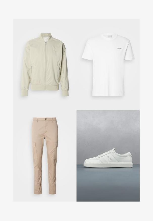Hellbeige Bomberjacke aus glattem, leichtem Material. Mit Reißverschluss vorne, gerippten Bündchen und seitlichen Taschen. Subtile Logodetails.; Weißes Baumwoll-T-Shirt mit kurzen Ärmeln und Rundhalsausschnitt. Mit einem kleinen schwarzen "Calvin Klein"-Logo auf der linken Brust.; Beige Cargo-Hosen mit zwei seitlichen Taschen, slim fit, aus leichtem Stoff, mit einem Knopfverschluss vorne und Gürtelschlaufen.; Weiße, niedrig geschnittene Sneaker mit Schnürdetails, strukturierten Lederpanelen und dezentem Logo an der Seite, vor einem schlichten hellen Hintergrund.