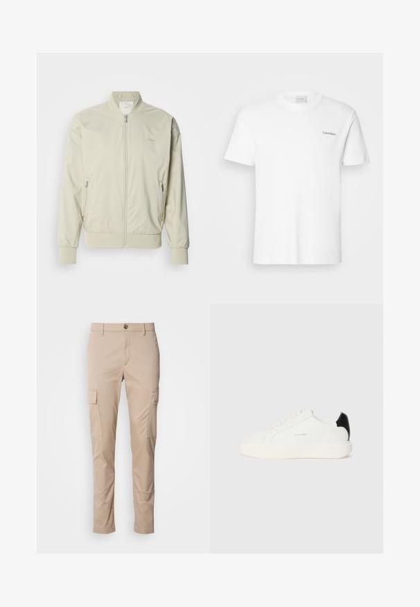 Lys beige bomberjakke lavet af glat, letvægtsmateriale. Har lynlås fortil, ribbede manchetter og sidelommer. Diskret logo-detalje.; Hvid bomulds T-shirt med korte ærmer og rund halsudskæring. Har et lille sort "Calvin Klein" logo på venstre bryst.; Beige cargo bukser med to sidelommer, slim fit, lavet af letvægtsstof, med en frontknaplukning og bæltesløjfer.; Hvide lædersneakers med en sort accent på hælen, rund tå, flade snørebånd og en tyk hvid sål. Calvin Klein-logoet vises.