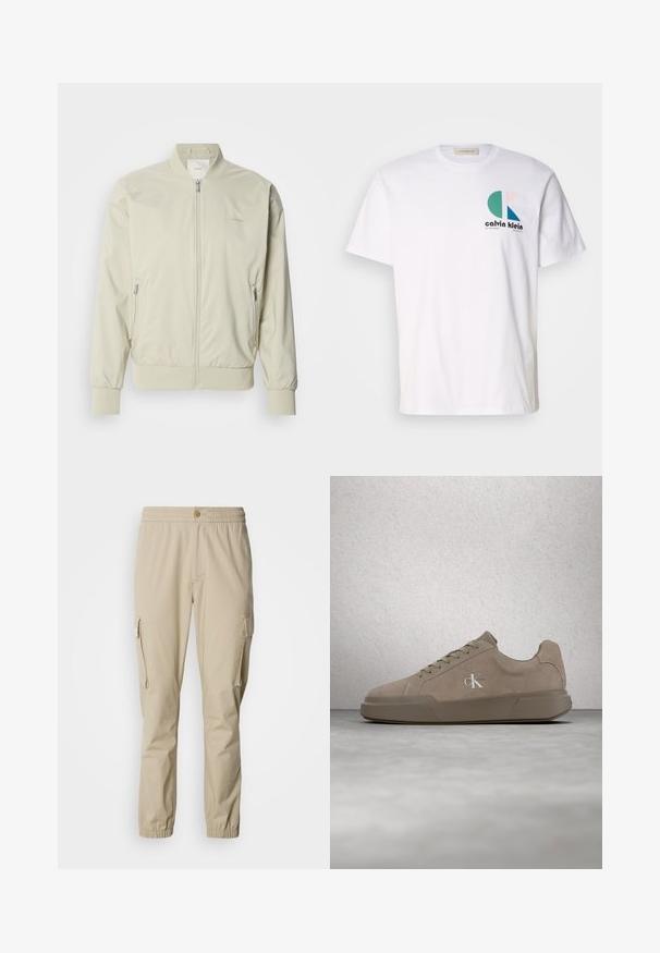 Lys beige bomberjakke lavet af glat, letvægtsmateriale. Har lynlås fortil, ribbede manchetter og sidelommer. Diskret logo-detalje.; Hvid bomulds-t-shirt med et multicolor grafisk design med cirkulære former og "Calvin Klein" logo på forsiden. Korte ærmer, rund hals.; Lysebrune cargo bukser med elastisk talje, knaplukning, side lommer og elastiske manchetter ved anklerne, lavet af letvægtsstof.; Beige ruskind sneakers med snørebånd og "ck" logo, vist svævende over poleret beton gulv med glasblokvæg i baggrunden.