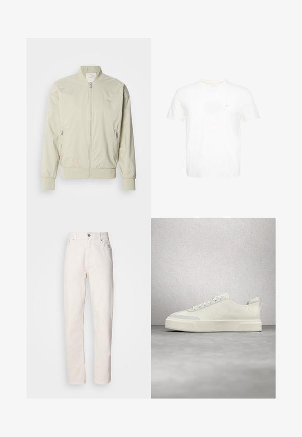 Veste bomber beige clair en matériau lisse et léger. Dotée d'une fermeture éclair à l'avant, de poignets côtelés et de poches latérales. Détail de logo discret.; T-shirt blanc à manches courtes et col rond avec un petit logo "ck" brodé sur la poitrine gauche.; Jeans en denim blanc à jambe droite, avec fermeture à bouton et à fermeture éclair, passants de ceinture, et poches avant et arrière, présentés sur fond uni.; Baskets blanches basses avec une semelle épaisse, logo en relief sur le côté et lacets, présentées dans un cadre intérieur moderne et réfléchissant.
