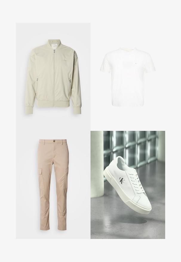 Lys beige bomberjakke lavet af glat, letvægtsmateriale. Har lynlås fortil, ribbede manchetter og sidelommer. Diskret logo-detalje.; Hvid T-shirt med korte ærmer og rund hals med lille broderet "ck" logo på venstre bryst.; Beige cargo bukser med to sidelommer, slim fit, lavet af letvægtsstof, med en frontknaplukning og bæltesløjfer.; Hvid Calvin Klein sneaker med snørebånd, vist svævende over en poleret betongulv og en baggrund af glasblokke.