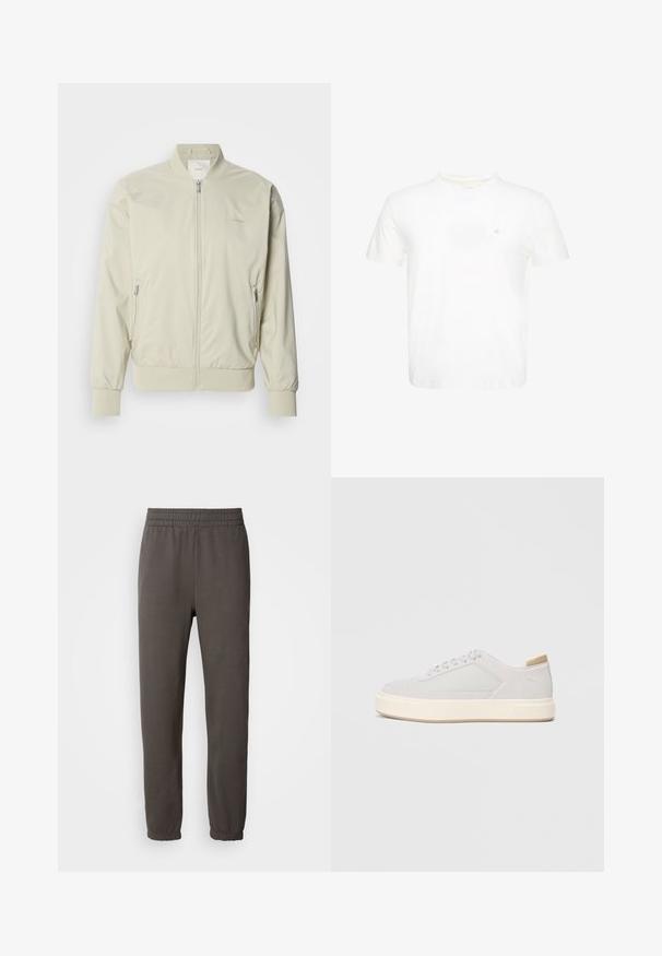 Heled beige bomber-jakk, mis on valmistatud siledast ja kergest materjalist. Omab lukk eest, soonikvarrukaid ja küljetaskuid. Diskreetne logo detail.; Valge lühikeste varrukatega ümara kaelusega t-särk väikese tikitud "ck" logoga vasakul rinnal.; Tumed hallid spordipüksid, millega on elastne vöökoht, kitsenevad jalad ja sooniksoojustus. Jalal on väike logo. Valmistatud pehmest kangast.; Heled hallid sneakers, millel on sile sünteetiline ülemine osa, ümar varvas ja tekstureeritud kreemjas vahevöö. Heledad tan aktsendid kandade juures.