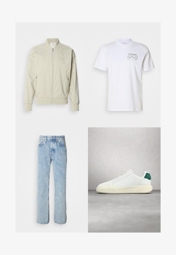Lys beige bomberjakke lavet af glat, letvægtsmateriale. Har lynlås fortil, ribbede manchetter og sidelommer. Diskret logo-detalje.; Hvid bomulds t-shirt med korte ærmer, rund hals og trykt tekst: "Calvin Klein 205 WEST 39TH STREET NEW YORK CITY 10018."; Lyseblå denimjeans med lige pasform, fem-lomme design og synlige syninger. Klassisk talje med knaplukning.; Hvid lavtop-sneaker med grøn hælkappe, tyk off-white sål og præget brandnavn, vist mod en reflekterende glasblokvæg.