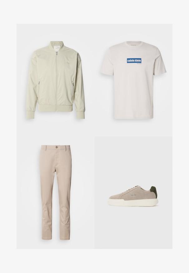 Lys beige bomberjakke lavet af glat, letvægtsmateriale. Har lynlås fortil, ribbede manchetter og sidelommer. Diskret logo-detalje.; Hvid bomulds T-shirt med et blåt rektangulært logo med "calvin klein" og "new york city" i hvid tekst på forsiden. Klassisk pasform.; Beige bomulds chinos med lige pasform, bæltestropper, en enkelt frontknap og en glat, utextureret overflade. Ingen lommer er synlige.; Beige ruskinds sneakers med en hvid gummisål, der har en mørkegrøn hælaccent og subtil branding på siden.