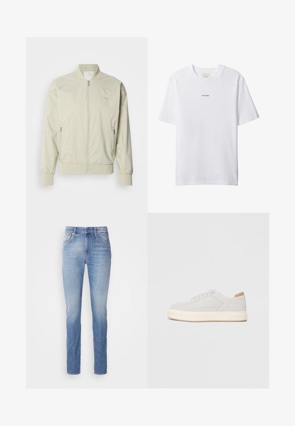 Chaqueta bomber de color beige claro, confeccionada en un material suave y ligero. Presenta un cierre de cremallera en la parte frontal, puños acanalados y bolsillos laterales. Detalle sutil del logo.; Camiseta blanca de algodón con cuello redondo y mangas cortas. Cuenta con un pequeño logo negro de "Calvin Klein" centrado en el pecho.; Jeans de mezclilla azul claro con corte recto, que presentan una cintura de altura media, cinco bolsillos y un ligero desgaste en la tela.; Zapatillas gris claro con parte superior sintética lisa, puntera redonda y una suela intermedia texturizada en color crema. Detalles en color beige claro en el talón.