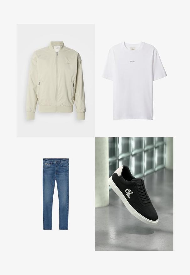 Heled beige bomber-jakk, mis on valmistatud siledast ja kergest materjalist. Omab lukk eest, soonikvarrukaid ja küljetaskuid. Diskreetne logo detail.; Valge puuvillane t-särk ümmarguse kaeluse ja lühikeste varrukatega. Rinnal on keskel väike must "Calvin Klein" logo.; Sinised kitsad teksapüksid, viie taskuga, nööpide sulgemisega ja õrnalt pleekinud reitel ning põlvedel.; Must tennisejalanõu valge tallaga, seemisnahast detailide, paelte ja küljele tikitud "CK" logoga. Sile tekstuur spordiliku disainiga.