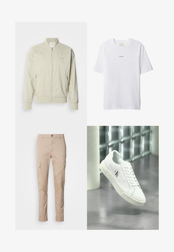 Lys beige bomberjakke lavet af glat, letvægtsmateriale. Har lynlås fortil, ribbede manchetter og sidelommer. Diskret logo-detalje.; Hvid bomuld t-shirt med rund hals og korte ærmer. Har en lille sort "Calvin Klein"-logo centreret på brystet.; Beige cargo bukser med to sidelommer, slim fit, lavet af letvægtsstof, med en frontknaplukning og bæltesløjfer.; Hvid Calvin Klein sneaker med snørebånd, vist svævende over en poleret betongulv og en baggrund af glasblokke.