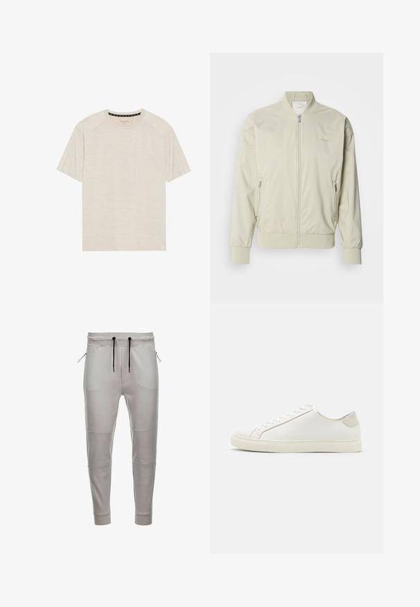Lys beige bomberjakke lavet af glat, letvægtsmateriale. Har lynlås fortil, ribbede manchetter og sidelommer. Diskret logo-detalje.; Lys beige kortærmet T-shirt lavet af tekstureret stof, med rund halsudskæring og raglanærmer. Subtle horisontalt stribemønster.; Lys grå joggingbukser lavet af blødt stof med elastisk talje, sorte snore, sidelommer med lynlås og ribbede manchetter ved anklerne.; Hvide lædersneakers med en glat overflade, rund tå og minimalistisk design. Funktioner i beige nuancer på hælen og en gummisål.