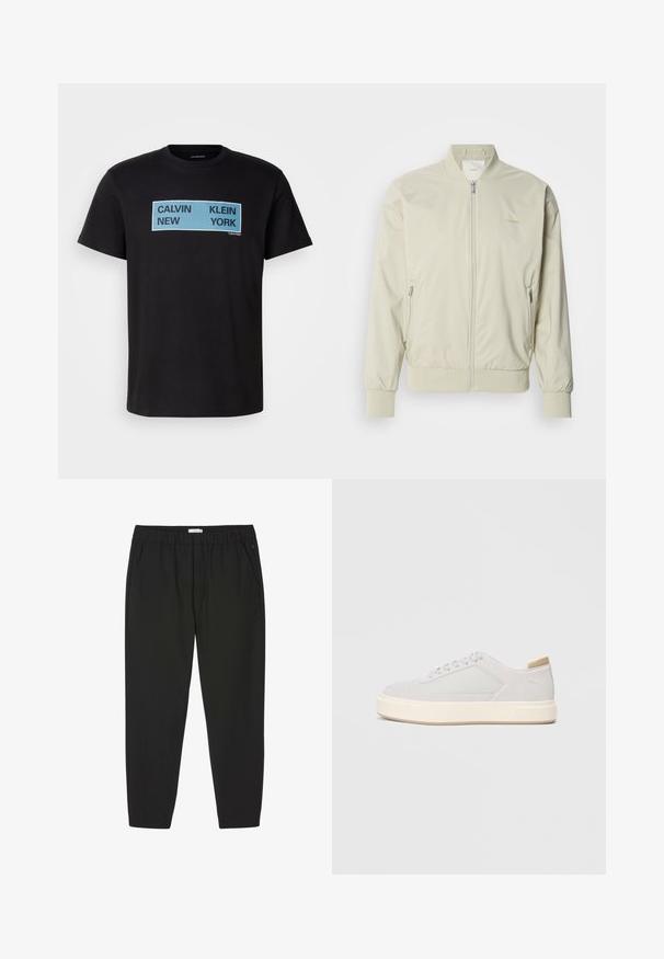 Lys beige bomberjakke lavet af glat, letvægtsmateriale. Har lynlås fortil, ribbede manchetter og sidelommer. Diskret logo-detalje.; Sort bomulds T-shirt med fed blå og sort tekst: "CALVIN NEW KLEIN YORK" på forsiden. Klassisk crew neck design, korte ærmer.; Sorte bukser med elastisk talje, lige ben og sidelommer, designet til afslappet eller professionel brug.; Lys grå sneakers med en glat syntetisk overdel, rund tå og en struktureret crème mellemsål. Lysebrune accenter på hælen.