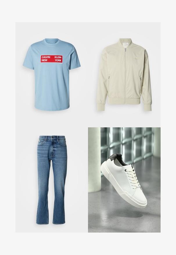Svetlobežová bombera vyrobená z hladkého, ľahkého materiálu. Má zips vpredu, rebrované manžety a bočné vrecká. Jemný detail loga.; Calvin Klein Jeans BOX GRAPHIC TEE - Tričko s potlačou - smoke blue; Svetlo modré denimové rifle s rovnými nohavicami a jemným rozšírením. Majú päť vreciek, zapínanie na gombík a jemné detaily zohybovania.; Biela nízka teniska s čiernou textúrovanou pätkou, bielymi šnúrkami a hrubou podrážkou na leštenej betónovej podlahe pri sklenených blokoch.