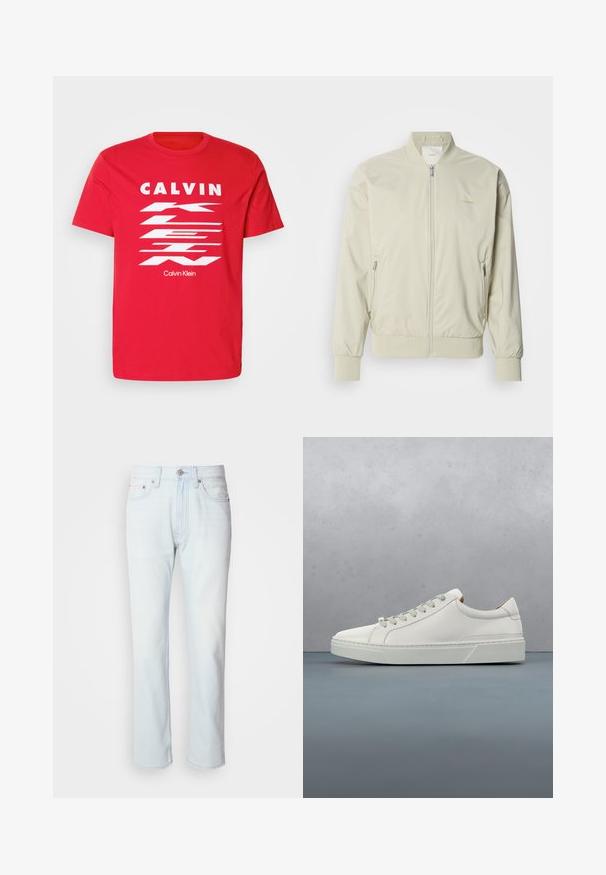 Chaqueta bomber de color beige claro, confeccionada en un material suave y ligero. Presenta un cierre de cremallera en la parte frontal, puños acanalados y bolsillos laterales. Detalle sutil del logo.; Camiseta de algodón roja con el texto en blanco "CALVIN KLEIN" en negrita y un diseño de rayas diagonales. Mangas cortas y cuello redondo.; Jeans de mezclilla azul claro con corte recto. Cuentan con un cierre de botón y pasadores para cinturón, mostrando una textura desgastada y costuras mínimas.; Zapatilla blanca de cuero con punta redondeada, diseño minimalista, cordones grises y suela de goma texturizada gris. Detalles de costura sutiles visibles.