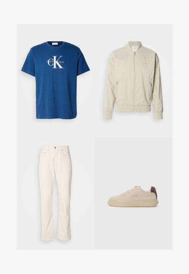 Vaaleahko beige bomber-takki, joka on valmistettu sileästä, kevyestä materiaalista. Takissa on vetoketjukiinnitys, ribbaus hihansuissa ja sivutaskut. Huomaamaton logo-detail.; Sininen puuvillapaita, jossa on pyöreä pääntie, lyhyet hihat ja valkoinen "CK" -logo, jonka alla on kontrastivärinen vaaleanvihreä teksti "Calvin Klein".; Beige puuvillafarkut klassikalisella suoranlahkeisella muotoilulla, etupainikkeella suljettuna, viidellä taskulla ja hillityillä ompeluyksityiskohdilla.; Beige mokkasieni nahkakengät, joissa on pyöreä kärki, nauhakiinnitys edessä ja ruskea mokkasieni korostus kantapäässä. Varustettu tekstuurilla varustetulla kumipohjalla.
