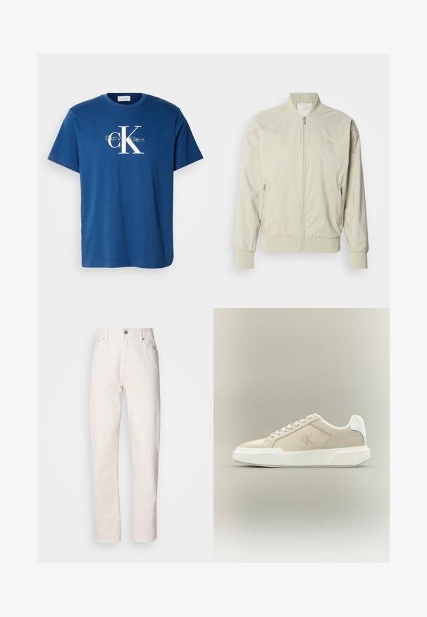 Hellbeige Bomberjacke aus glattem, leichtem Material. Mit Reißverschluss vorne, gerippten Bündchen und seitlichen Taschen. Subtile Logodetails.; Blaues Baumwoll-T-Shirt mit rundem Ausschnitt, kurzen Ärmeln und einem weißen "CK"-Logo mit dem Text "Calvin Klein" in kontrastierendem Hellgrün darunter.; Weiße Denim-Jeans mit geradem Bein, Knopf- und Reißverschluss, Gürtelschlaufen sowie Vorder- und Hintertaschen, auf einfarbigem Hintergrund gezeigt.; Beiger Low-Top-Sneaker mit dicker weißer Sohle, Schnürsenkeln, weißer Fersenschlaufe und dezentem CK-Logo auf dem Seitenpanel.