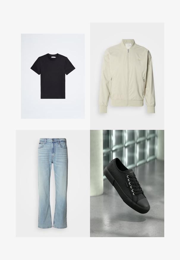 Heled beige bomber-jakk, mis on valmistatud siledast ja kergest materjalist. Omab lukk eest, soonikvarrukaid ja küljetaskuid. Diskreetne logo detail.; Must lühikeste varrukatega ümar kaelusega T-särk väikese tooni logoga vasakul rinnal ja valge brändisildiga krae sees.; Heledad sinised teksad sirge lõikega, mis sisaldavad viit taskut, nööbiga sulgemise ja kergelt kulunud ilmega kangast.; Must madala säärega toss mustri ja musta tallaga, paelad, hõljumas läikiva betoonpõranda kohal klaasplokkide lähedal.
