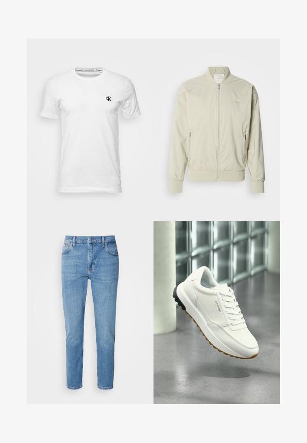 Vaaleahko beige bomber-takki, joka on valmistettu sileästä, kevyestä materiaalista. Takissa on vetoketjukiinnitys, ribbaus hihansuissa ja sivutaskut. Huomaamaton logo-detail.; Valkoinen lyhythihainen pyöreäkauluksinen t-paita, jossa pieni musta "CK"-logo vasemmassa rinnassa, merkiltään Calvin Klein Jeans, koko medium.; Vaaleansiniset farkut suoran leikkauksen, viiden taskun muotoilun ja hienovaraisen haalistumisen kanssa. Varustettu napilla sulkeutuvalla vyötäröllä ja vyölenkeillä.; Valkoinen Calvin Klein -tennari, jossa etuosassa nauhat ja mustavalkoinen kumipohja, esillä modernissa sisätilassa, jossa lasilohkoja.