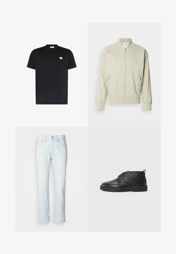 Hellbeige Bomberjacke aus glattem, leichtem Material. Mit Reißverschluss vorne, gerippten Bündchen und seitlichen Taschen. Subtile Logodetails.; Schwarzes T-Shirt mit kurzen Ärmeln und Rundhalsausschnitt mit kleinem weißen rechteckigem Logo-Patch mit roten und schwarzen CK-Buchstaben auf der linken Brust.; Hellblaue Jeans mit geradem Bein. Verfügt über einen Knopfverschluss und Gürtelschlaufen, präsentiert eine ausgebleichte Textur und minimale Nähte.; Schwarze Leder-Stiefeletten mit glatter Textur, abgerundeter Spitze und schwarzer Gummisohle. Verfügt über ein Schnürdesign und eine Fersenschlaufe für ein einfaches Anziehen.