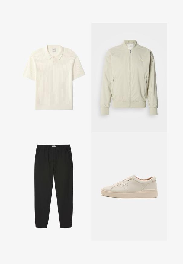 Veste bomber beige clair en matériau lisse et léger. Dotée d'une fermeture éclair à l'avant, de poignets côtelés et de poches latérales. Détail de logo discret.; Polo blanc à manches courtes en maille côtelée avec deux boutons et col plat, posé à plat sur fond blanc.; Pantalon noir avec taille élastique, jambes droites et poches latérales, conçu pour un usage décontracté ou professionnel.; Baskets en cuir beige avec un bout rond, des lacets plats, des détails perforés sur les côtés et une semelle en caoutchouc épaisse et texturée. Doublure en cuir naturel.