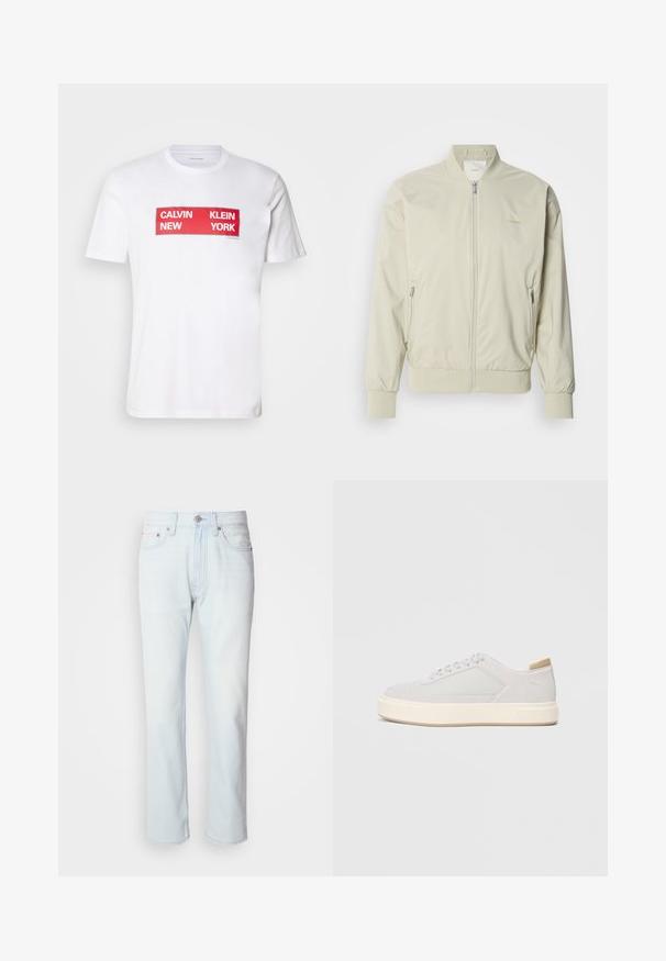 Chaqueta bomber de color beige claro, confeccionada en un material suave y ligero. Presenta un cierre de cremallera en la parte frontal, puños acanalados y bolsillos laterales. Detalle sutil del logo.; Camiseta de algodón blanca con un audaz texto gráfico rectangular rojo: "CALVIN NEW KLEIN YORK." Con mangas cortas y un diseño de cuello redondo.; Jeans de mezclilla azul claro con corte recto. Cuentan con un cierre de botón y pasadores para cinturón, mostrando una textura desgastada y costuras mínimas.; Zapatillas gris claro con parte superior sintética lisa, puntera redonda y una suela intermedia texturizada en color crema. Detalles en color beige claro en el talón.