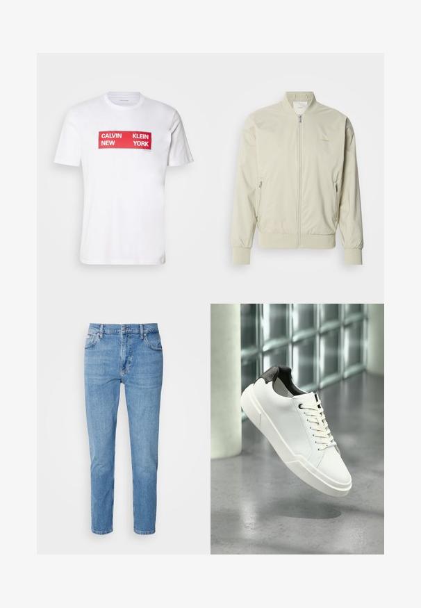 Chaqueta bomber de color beige claro, confeccionada en un material suave y ligero. Presenta un cierre de cremallera en la parte frontal, puños acanalados y bolsillos laterales. Detalle sutil del logo.; Camiseta de algodón blanca con un audaz texto gráfico rectangular rojo: "CALVIN NEW KLEIN YORK." Con mangas cortas y un diseño de cuello redondo.; Vaqueros de mezclilla azul claro con corte recto, diseño de cinco bolsillos y un sutil desgastado. Presentan un cierre de botón y pasadores para cinturón.; Zapatilla blanca de perfil bajo con lengüeta del talón texturizada en negro, cordones blancos y suela gruesa sobre un suelo de cemento pulido cerca de bloques de vidrio.