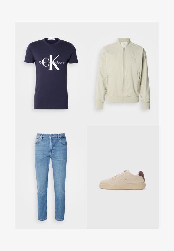 Lys beige bomberjakke lavet af glat, letvægtsmateriale. Har lynlås fortil, ribbede manchetter og sidelommer. Diskret logo-detalje.; Mørkeblå T-shirt med korte ærmer med stort hvidt "cK" og "Calvin Klein Jeans" logo centreret foran.; Lys blå denim jeans med lige snit, fem-lomme design og subtilt slid. Har knaplukning og bæltestropper.; Beige ruskind sneakers med rund tå, snørret foran og en brun ruskindsdetalje på hælen. Har en tekstureret gummisål.
