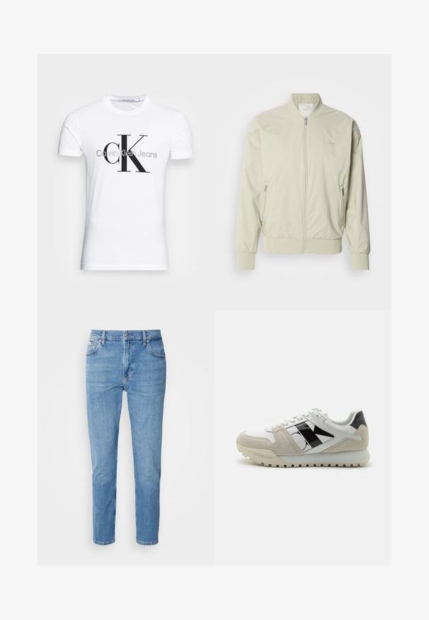 Lichtbeige bomberjack van soepel, lichtgewicht materiaal. Voorzien van een ritssluiting aan de voorkant, ribgebreide mouwen en zijzakken. Subtiel logo-detail.; Wit T-shirt met korte mouwen met een groot zwart "cK" en grijs "Calvin Klein Jeans" tekstlogo aan de voorkant.; Lichtblauwe denim jeans met een rechte pasvorm, vijf zakken en subtiele vervaging. Voorzien van een knoopsluiting en riemlussen.; Witte sneaker met zwarte en beige accenten, gemaakt van leer en suède. Heeft een dikke zool en een groot logo aan de zijkant.