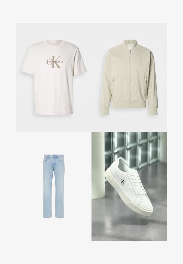 Lys beige bomberjakke lavet af glat, letvægtsmateriale. Har lynlås fortil, ribbede manchetter og sidelommer. Diskret logo-detalje.; Hvid kortærmet bomulds t-shirt med beige "cK Calvin Klein" logo trykt over brystet, rund udskæring og afslappet pasform.; Lyseblå straight-leg jeans i denim med forreste knap, lynlås og design med fem lommer vist på hvid baggrund.; Hvid Calvin Klein sneaker med snørebånd, vist svævende over en poleret betongulv og en baggrund af glasblokke.