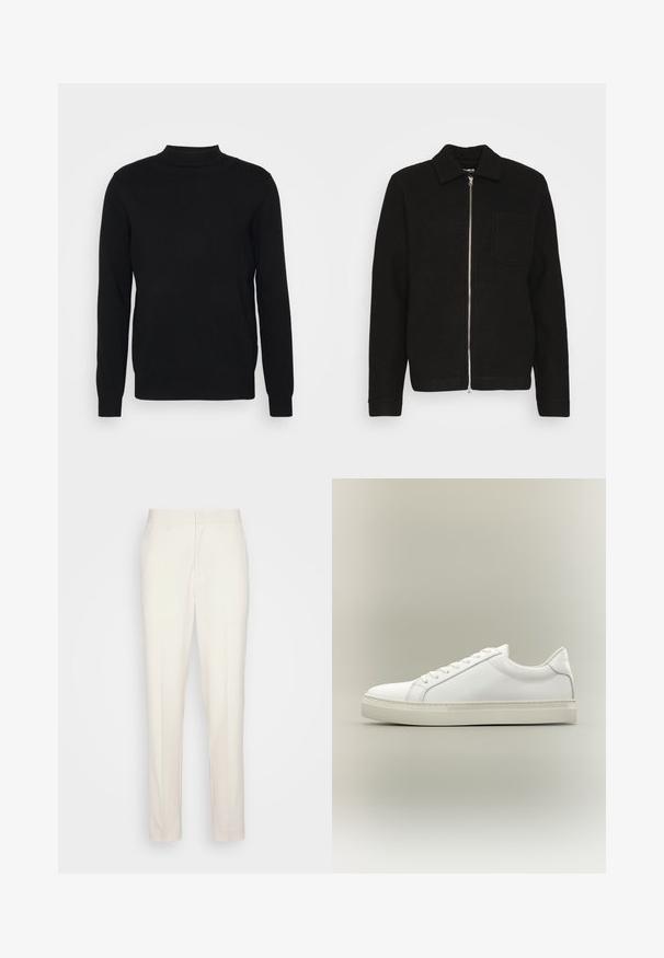 Samsøe Samsøe HANNES FULL ZIP - Lichte jas - black; Zwarte pullover trui van zachte stof met een hoge hals en lange mouwen. Eenvoudig ontwerp, zonder patronen of versieringen.; Crème-kleurige op maat gemaakte broeken met een rechte snit, gemaakt van textuurstof. Voorzien van riemlussen en een ritssluiting aan de voorkant.; Witte lage sneaker met veters aan de voorkant en dikke zool, zijaanzicht tegen een neutrale achtergrond.