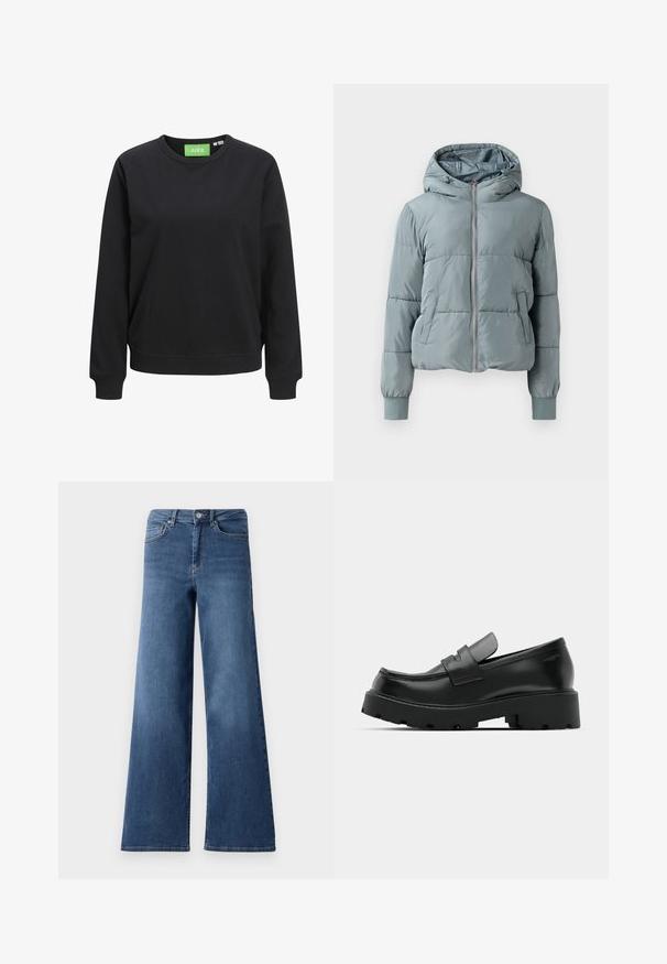 Hellblaue gesteppte Kapuzenjacke mit durchgehendem Frontreißverschluss, zwei Seitentaschen und elastischen Bündchen auf einfarbigem Hintergrund.; Schwarzer Rundhalsausschnitt-Sweatshirt aus Baumwolle. Mit gerippten Bündchen und Saum, versehen mit einem grünen Etikett mit der Aufschrift "JJXX" am Kragen.; Breite, blaue Jeans mit weitem Bein, die einen normalen Bund, Vorderaschen und eine glatte Textur aufweisen. Keine sichtbaren Muster oder Verzierungen.; Schwarze Leder-Loafers mit einer chunky strukturierten Sohle, ausgestattet mit einem Riemen über dem Spann und einer glatten, polierten Oberfläche.
