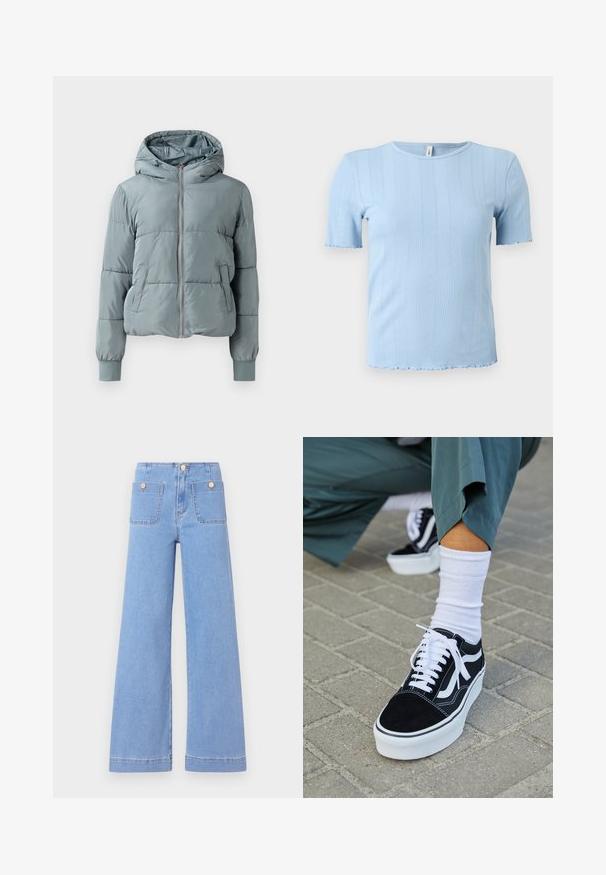 Lichtblauwe gewatteerde jas met capuchon, een volledige ritssluiting aan de voorkant, twee zijzakken en elastische boorden op een effen achtergrond.; Lichtblauw, kortmouwig, geribd gebreid shirt met subtiele verticale patronen en geschulpte randen aan mouwen en zoom.; Lichtblauwe wijde jeans met hoge taille, twee achterzakken en gouden knopen. Gemaakt van denim met een gladde textuur en een nette afwerking.; Zwarte suède sneaker met witte accenten en veters, uitgerust met een dikke witte zool en contrasterende stiksels, gecombineerd met een witte sok.