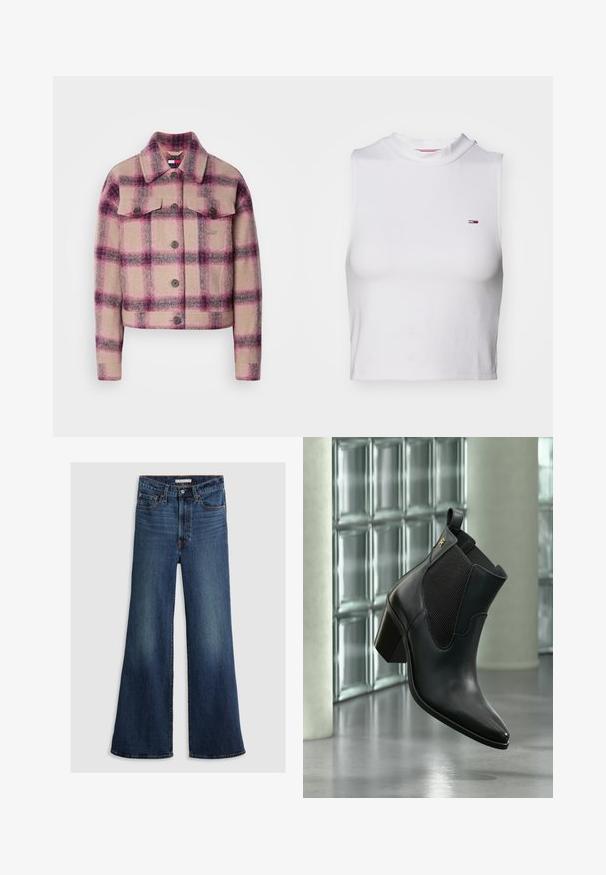 Blevet cropped jakke med beige, pink og lilla plaid mønster, to brystlommer med klapper og lange ærmer.; Hvid cropped tanktop med høj hals, lavet af blød bomuld, med et lille klassisk logo på venstre bryst. Minimalistisk design.; Bredde ben jeans i mørkeblå denim med høj talje, fem-lomme design og kontrasterende syninger langs sømmene og taljebåndet.; Sort læderankelstøvle med blokhæl og elastisk sidepanel, flydende indendørs mod glasblokvæg og betongulv.