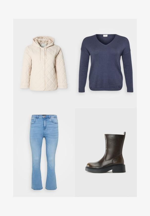 Chaqueta acolchada de color beige claro con capucha, que cuenta con botones a presión, un cordón ajustable en el cuello y puños elásticos para un ajuste seguro.; Suéter de punto azul marino con escote en V, mangas largas y puños acanalados. El material parece suave y con una textura fina. Sin patrones visibles.; Jeans acampanados de color azul claro en denim de algodón. Tienen una cintura alta, cinco bolsillos y costuras visibles a lo largo de las costuras y el dobladillo.; Botín de piel marrón oscuro que llega hasta la mitad de la pantorrilla, con puntera redonda, suela negra gruesa, tacón bajo y una lengüeta en la parte posterior.