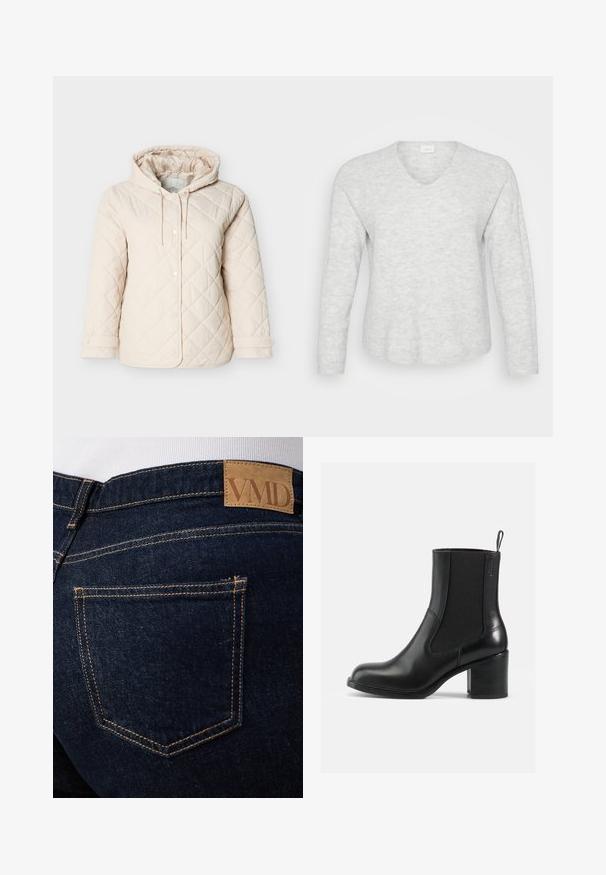 Lysebeige quiltet jakke med hætte, med trykknapper, snøre ved halsen og elastiske manchetter for en sikker pasform.; Lys grå langærmet sweater med ribbet tekstur, V-hals og en let buet kant. Blødt materiale med subtile mønstervariationer.; Mørkeblå denimjeans med synlige orange syninger og en brun læderlap med mærket "VMD" over den bageste højre lomme.; Sort læder ankelstøvle med elastiske sidepaneler, rund tå og blokhæl. Glat tekstur med minimale syninger.