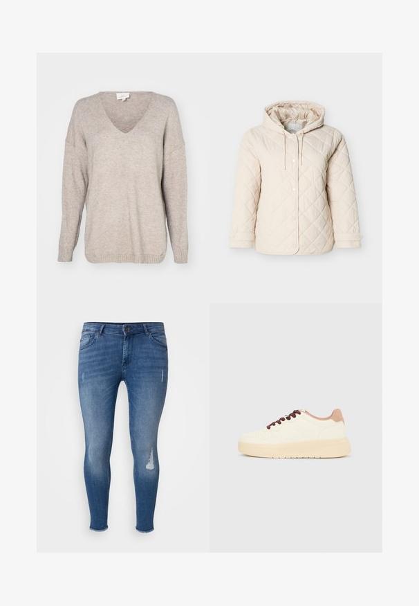 Hellbeige gesteppte Jacke mit Kapuze, ausgestattet mit Druckknöpfen, einem Kordelzug am Hals und elastischen Bündchen für einen sicheren Sitz.; Beige V-Ausschnitt Pullover aus weichem Strickmaterial, mit entspanntem Schnitt, überschnittenen Schultern und gerippten Bündchen und Saum.; Schmale Jeans aus blauer Denim, mit distressed Details auf der Vorderseite, ausgewaschenen Stellen und einem ausgefransten Saum an den Knöcheln.; Beiger Sneaker in niedriger Ausführung mit dicker Sohle, perforierter Spitze, pinkfarbenem Fersenkragen und dunkelbraunen Schnürsenkeln vor schlichtem hellgrauem Hintergrund.