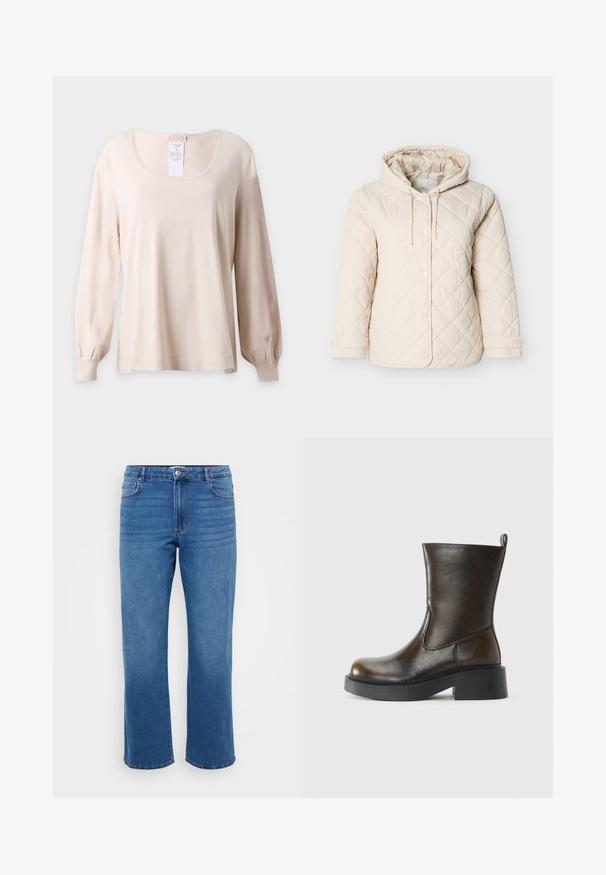 Veste matelassée beige clair avec capuche, dotée de boutons-pression, d'un cordon de serrage au niveau du cou et de poignets élastiques pour un maintien optimal.; Pull beige à manches longues avec encolure arrondie et poignets côtelés, présenté sur un fond clair uni.; Jean en denim bleu avec une coupe droite, présentant une fermeture à bouton, un design classique à cinq poches et une texture légèrement décolorée au niveau des cuisses.; Botte en cuir marron foncé jusqu'au mollet avec un bout rond, épaisse semelle noire, petit talon block, et une languette à l'arrière.