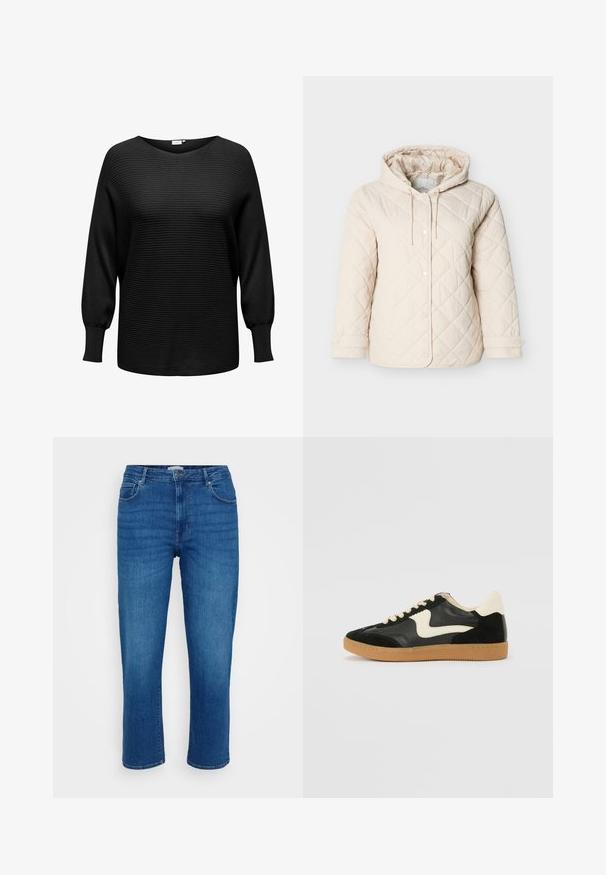 Veste matelassée beige clair avec capuche, dotée de boutons-pression, d'un cordon de serrage au niveau du cou et de poignets élastiques pour un maintien optimal.; Pull noir en tricot à texture côtelée, décolleté large et manches longues légèrement bouffantes. Fabriqué en tissu doux et extensible.; Jeans en denim bleu avec une coupe droite, style cinq poches, et une fermeture classique par bouton et zip, présentant des effets de décoloration subtils à l'avant.; Baskets en daim et cuir noir avec un swoosh latéral crème et un talon crème clair. Dotées de lacets beige et d'une semelle en caoutchouc gomme.