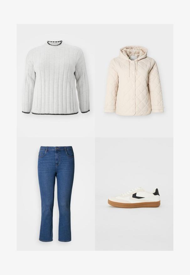 Lysebeige quiltet jakke med hætte, med trykknapper, snøre ved halsen og elastiske manchetter for en sikker pasform.; Lys grå ribbet sweater med lange ærmer, der har en sort kant ved den høje halsudskæring og kanten. Blød tekstur og afslappet design.; Blå denimjeans med lige snit, fem-lomme-design, messingbeslag og orange syningsdetalje. Glat tekstur.; Hvide og cremefarvede sneakers med sorte accenter, gummisål, glat tekstur, rund tå og enkelt snørebåndsdesign.