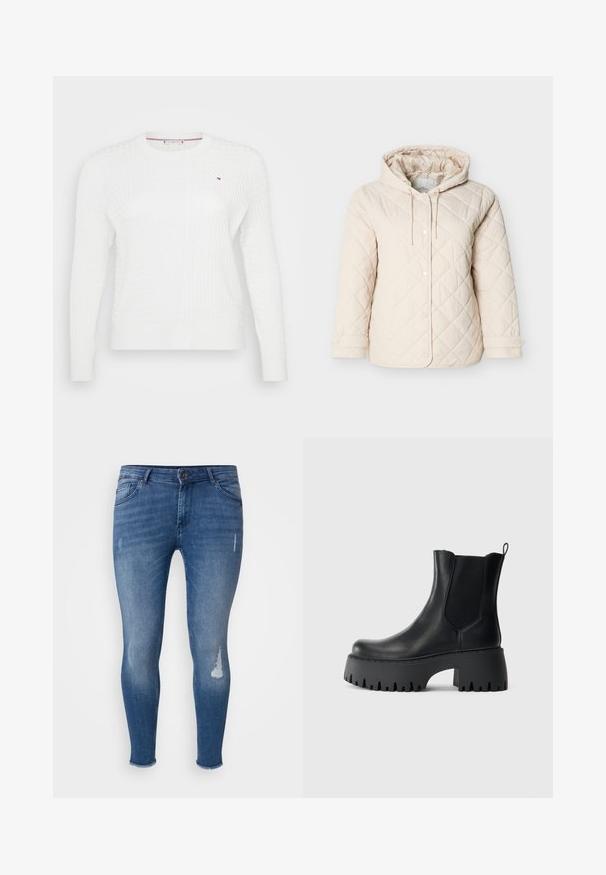 Lysebeige quiltet jakke med hætte, med trykknapper, snøre ved halsen og elastiske manchetter for en sikker pasform.; Hvid strikket sweater med et struktureret diamantmønster, rund halsudskæring og lange ærmer. Lille logoaccent på brystet.; Tætsiddende jeans lavet af blåt denim, med slidte detaljer på forsiden, falmede sektioner og en frynset kant ved anklerne.; Sorte læder ankelstøvler med tyk skridsål, elastiske sidepaneler, hæltrækstrop og en klodset forhøjet platåhæl.