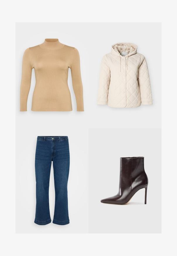 Chaqueta acolchada de color beige claro con capucha, que cuenta con botones a presión, un cordón ajustable en el cuello y puños elásticos para un ajuste seguro.; Top beige de cuello alto con mangas largas, textura acanalada, diseño ajustado y un alto cuello. Material suave sin adornos visibles.; Jeans de cintura alta en azul con pierna recta y dobladillo acampanado, fabricados en denim. Presentan un diseño clásico de cinco bolsillos y cierre con botón de metal.; Botín de cuero marrón hasta el tobillo con punta afilada, tacón de aguja alto, textura suave y diseño minimalista. Detalle de costura lateral visible.