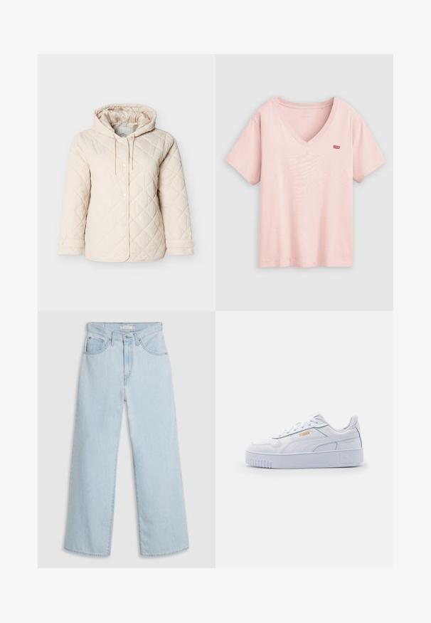 Veste matelassée beige clair avec capuche, dotée de boutons-pression, d'un cordon de serrage au niveau du cou et de poignets élastiques pour un maintien optimal.; T-shirt en coton rose clair avec un col en V et des manches courtes. Présente un petit logo Levi's rouge sur le côté gauche de la poitrine. Texture douce.; Jean large en denim bleu clair à taille haute, avec une fermeture à bouton et zip, deux poches avant et des détails de couture subtils.; Baskets blanches en cuir avec une semelle épaisse, présentant une texture lisse, un design minimaliste, des rayures sur les côtés et un petit logo.