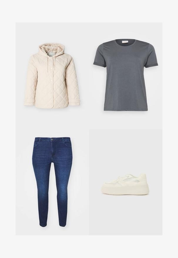 Hellbeige gesteppte Jacke mit Kapuze, ausgestattet mit Druckknöpfen, einem Kordelzug am Hals und elastischen Bündchen für einen sicheren Sitz.; Graues kurzärmliges T-Shirt aus weichem Material mit klassischem Rundhalsausschnitt und aufgerollten Ärmeln. Glatte Textur ohne sichtbare Muster.; Dunkelblaue Slim-Fit-Jeans aus Denim mit einem Frontknopf und Taschen, von der Front gegen einen weißen Hintergrund gezeigt.; Weiße Plateausneaker mit glattem Lederoberteil, genähten Akzenten und metallischen Streifen an der Seite. Abgerundete Zehenpartie und flache Gummisohle.