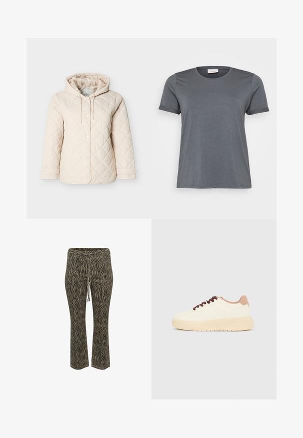 Lysebeige quiltet jakke med hætte, med trykknapper, snøre ved halsen og elastiske manchetter for en sikker pasform.; Grå kortærmet T-shirt lavet af blødt stof, med en klassisk rund halsudskæring og oprullede ærmer. Glat tekstur uden synlige mønstre.; Buks med elastisk talje og snøre i khaki og beige zebra mønster. Mellemhøj talje, flared ben design, blød tekstur. Velegnet til afslappet brug.; Beige lavt skindesko med tyk sål, perforeret tå, lyserød hælkant og mørkebrune snørebånd på ensfarvet lysegrå baggrund.