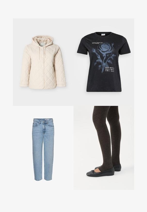 Lysebeige quiltet jakke med hætte, med trykknapper, snøre ved halsen og elastiske manchetter for en sikker pasform.; ONLY Carmakoma CARMIKO WASHED SS REG TEE JRS - T-shirts print - black; Lyseblå denimjeans med høj talje, afslappet pasform og lige ben. Har en knaplukning og let falmet effekt på stoffet.; Ben iført mørke ribbede leggings kombineret med sorte balletsko med små sløjfedetaljer på hvid baggrund.