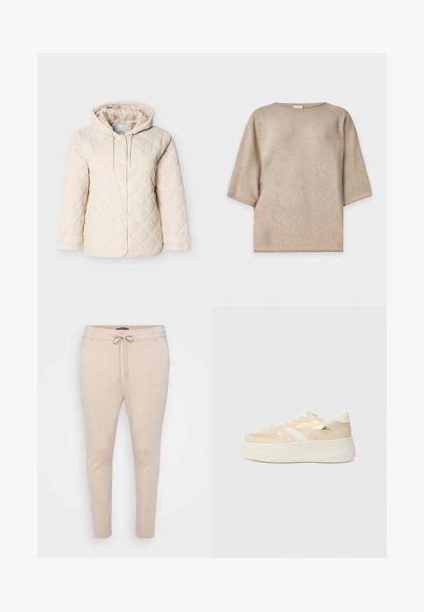Chaqueta acolchada de color beige claro con capucha, que cuenta con botones a presión, un cordón ajustable en el cuello y puños elásticos para un ajuste seguro.; Jersey de punto beige de manga corta con escote redondo y corte holgado, presentado sobre un fondo blanco liso.; Pantalones jogger ligeros beige con cintura ajustable mediante cordón y dos bolsillos laterales. Textura suave, piernas ajustadas y detalles de costura mínimos.; Zapatillas de plataforma beige con una suela blanca. Presentan acentos metálicos en dorado y una textura suave. Diseño con cordones y puntera redondeada.