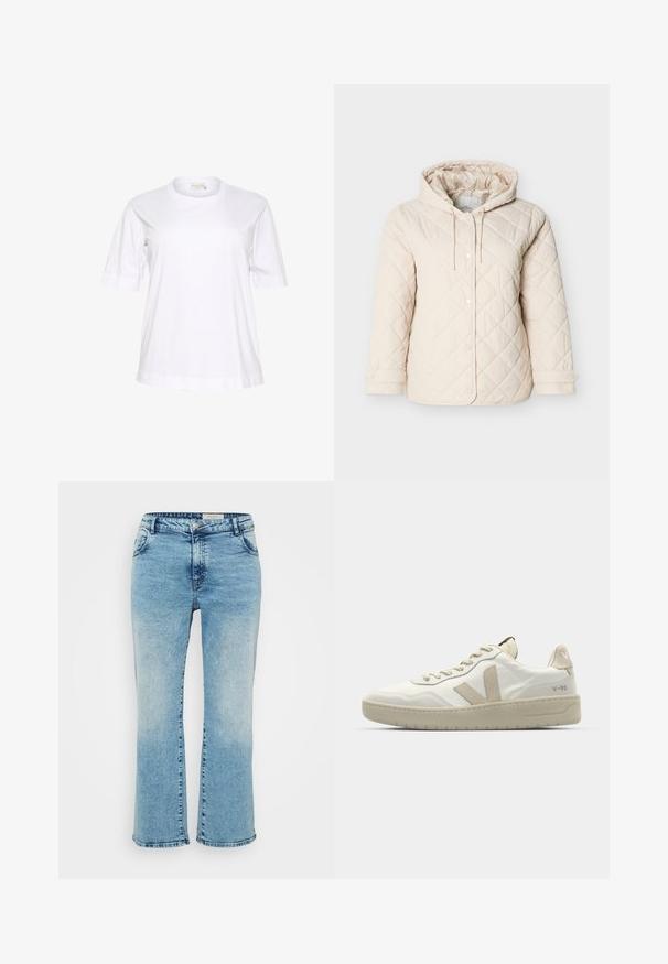 Veste matelassée beige clair avec capuche, dotée de boutons-pression, d'un cordon de serrage au niveau du cou et de poignets élastiques pour un maintien optimal.; T-shirt en coton blanc à manches courtes avec un col rond, coupe décontractée et poignets roulés. Texture lisse et design minimaliste.; Jeans en denim bleu clair avec une coupe droite, dotés d'une fermeture à bouton, de cinq poches et d'un léger délavage au niveau des genoux.; Baskets blanches avec des accents beiges, tige texturée, bout rond et couture ton sur ton. Dispose d'une semelle rembourrée et d'un logo en 'V' sur le côté.